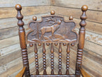 Antique Oak Armchair Victorian Carved Stag Rush Seat Bobbin Turned