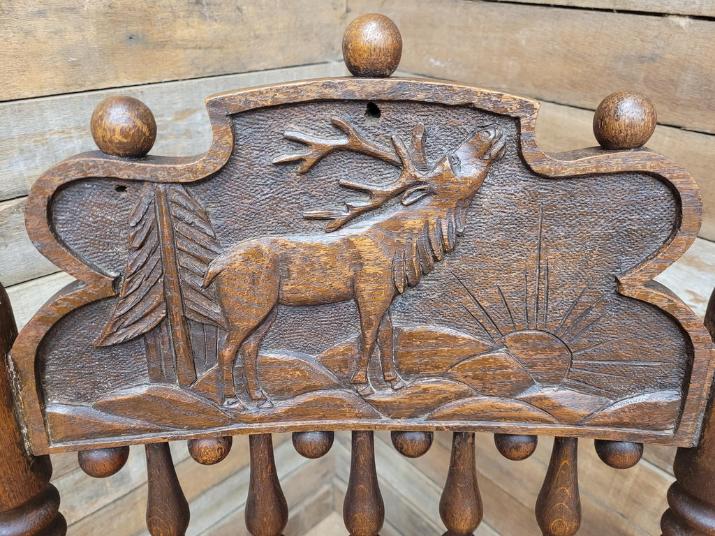 Antique Oak Armchair Victorian Carved Stag Rush Seat Bobbin Turned