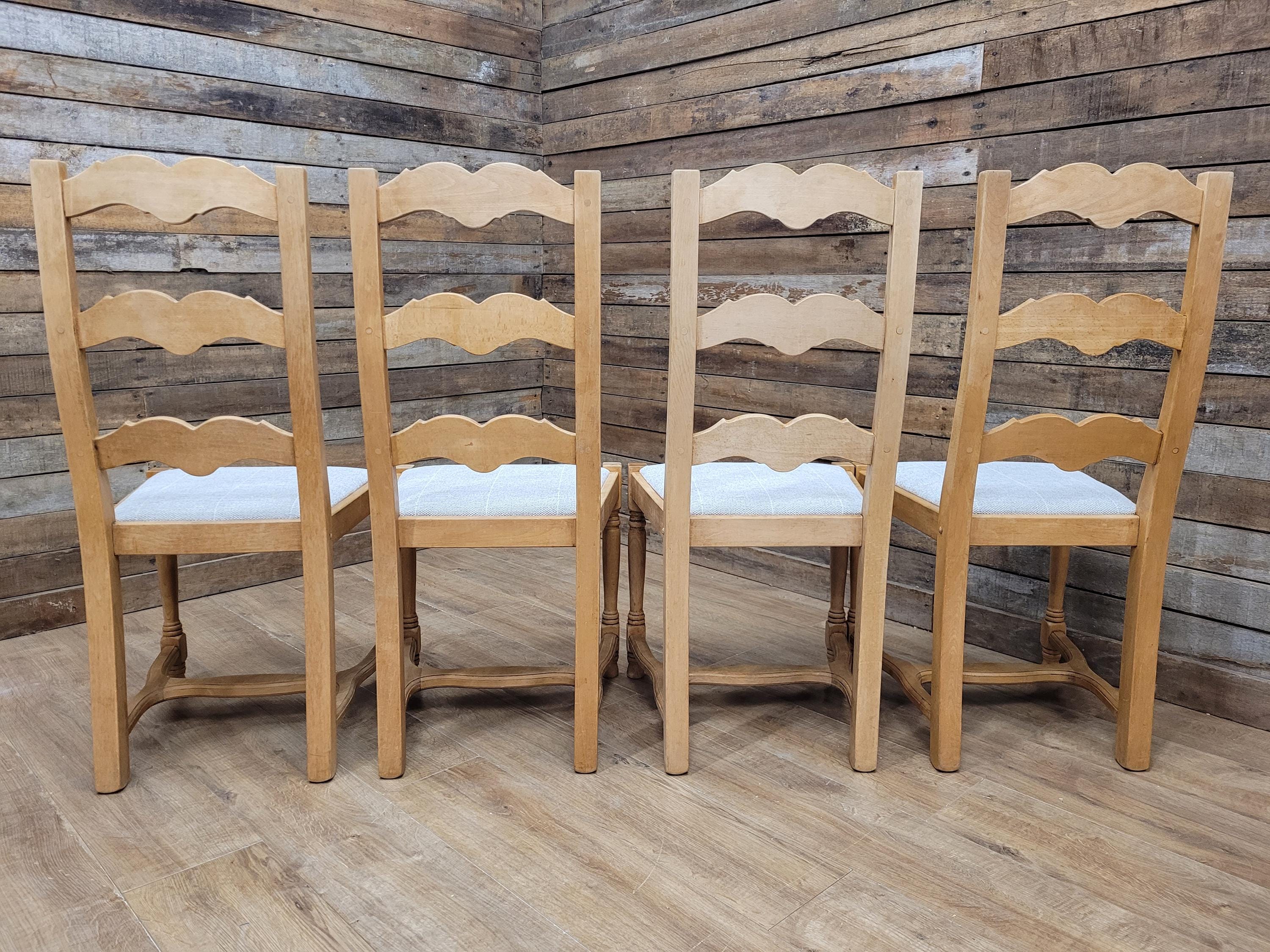 Set Of Four Beech Ladder Back Dining Chairs Upholstered Chenille Seats