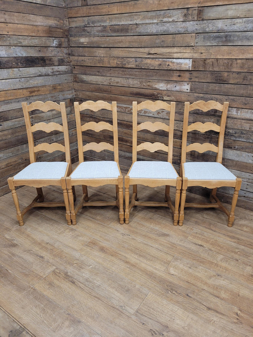 Set Of Four Beech Ladder Back Dining Chairs Upholstered Chenille Seats