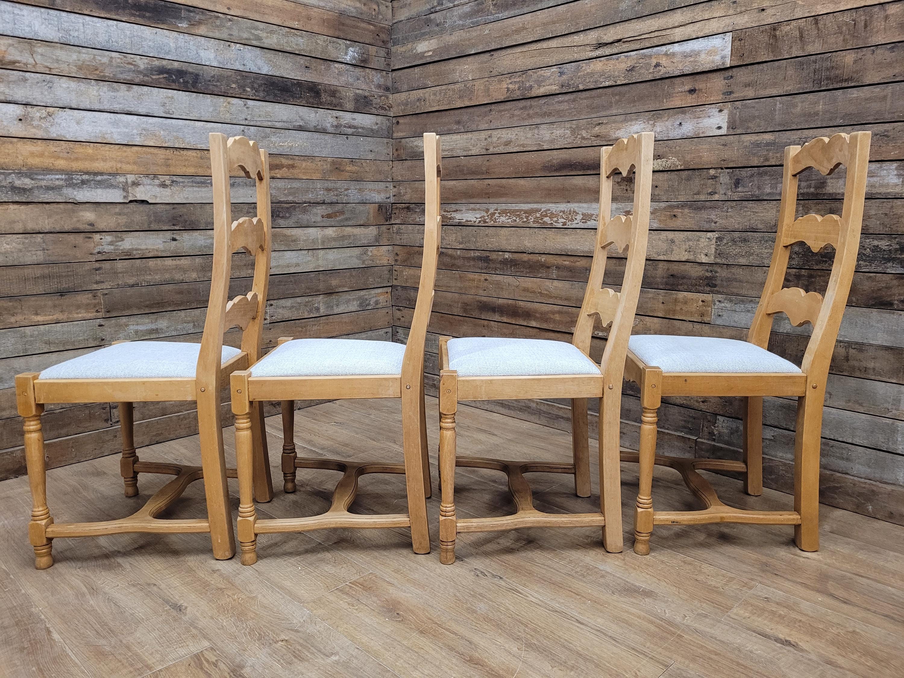 Set Of Four Beech Ladder Back Dining Chairs Upholstered Chenille Seats