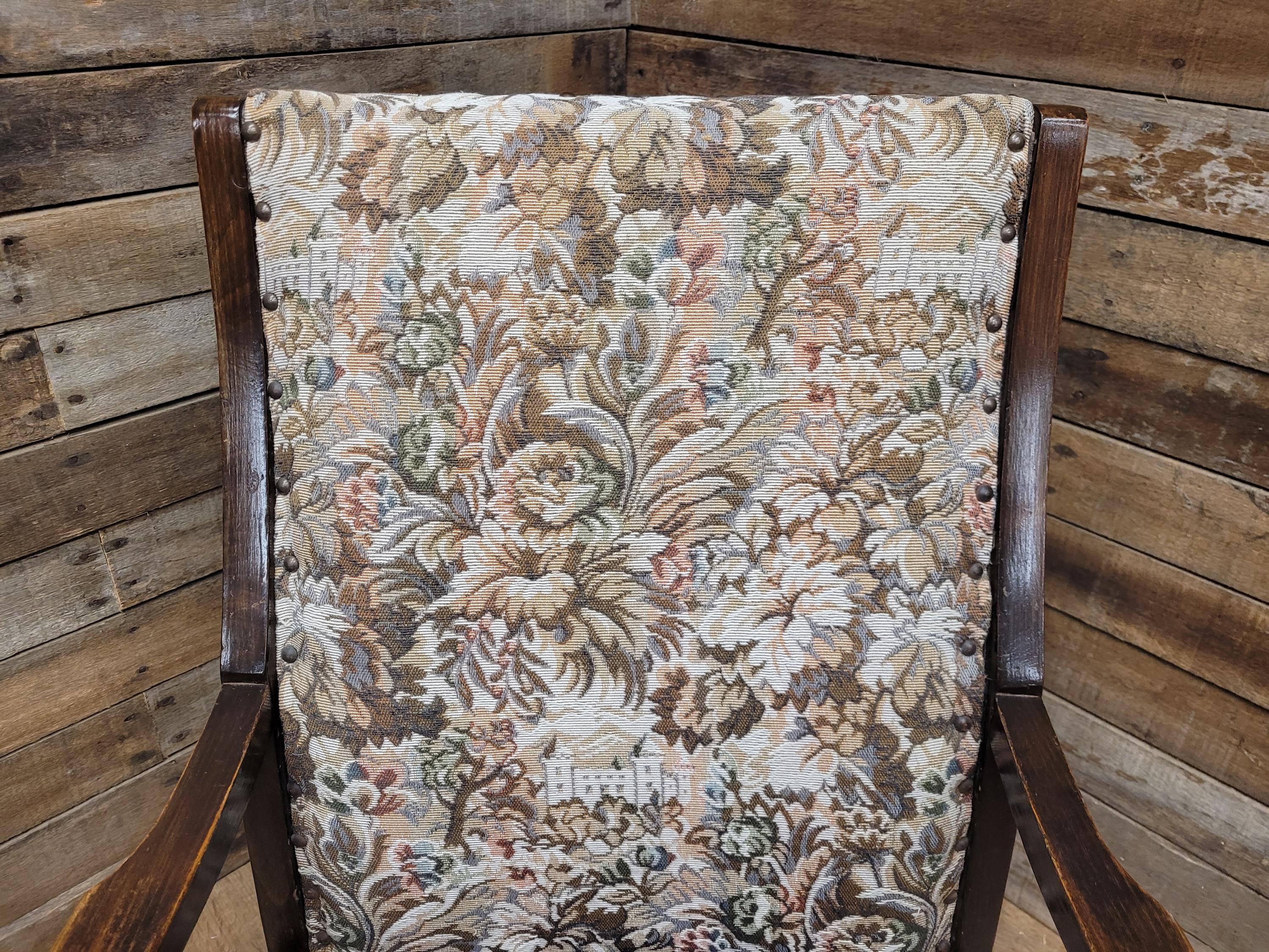 Oak Armchair Arts And Crafts Tapestry Upholstered Hall Chair