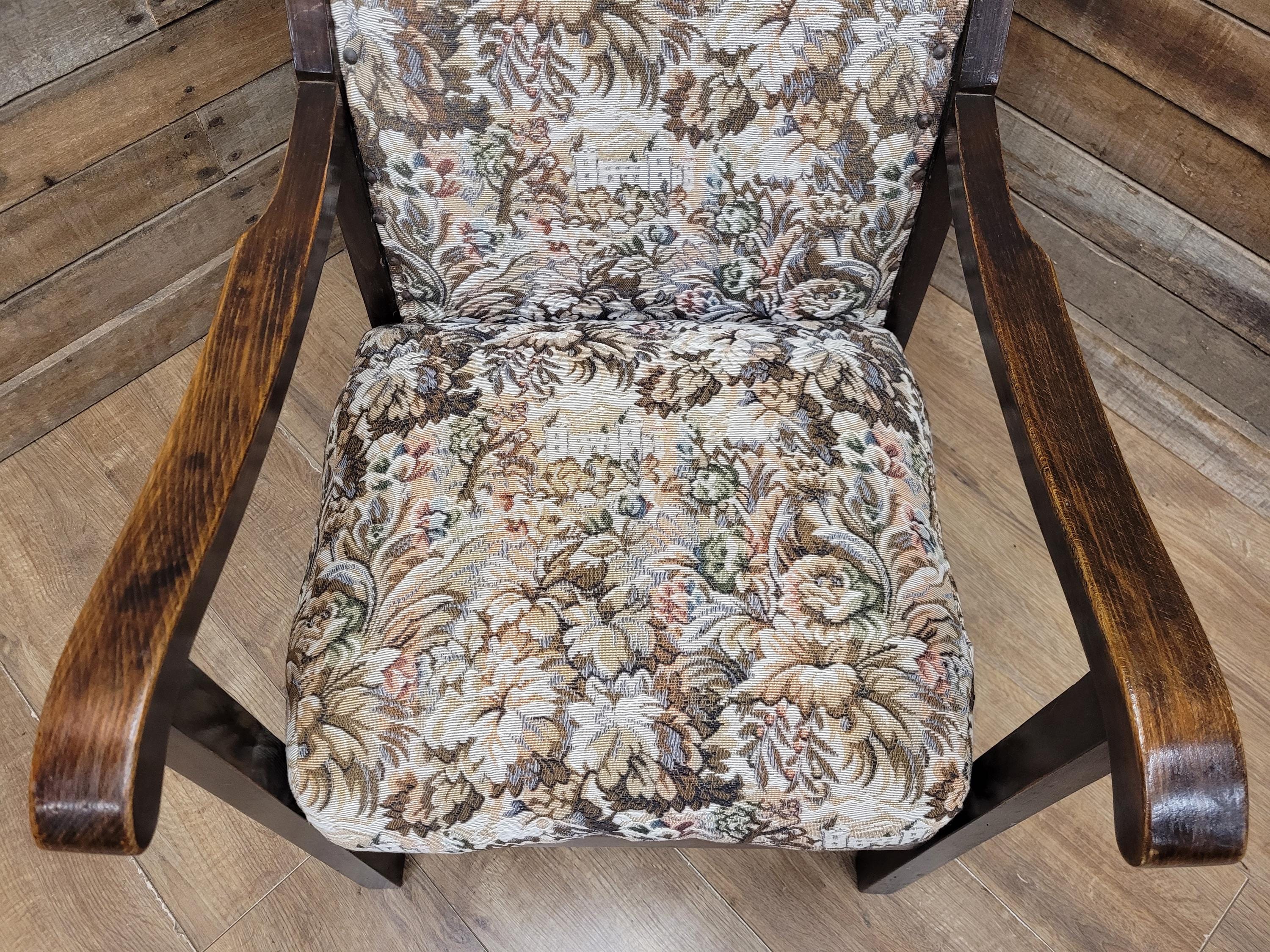 Oak Armchair Arts And Crafts Tapestry Upholstered Hall Chair