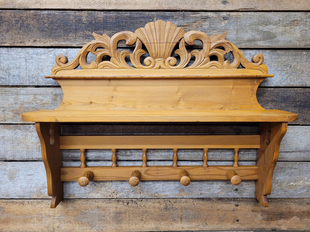 Pine Wall Shelf Carved Decorative Coat Rack With Four Peg Hooks