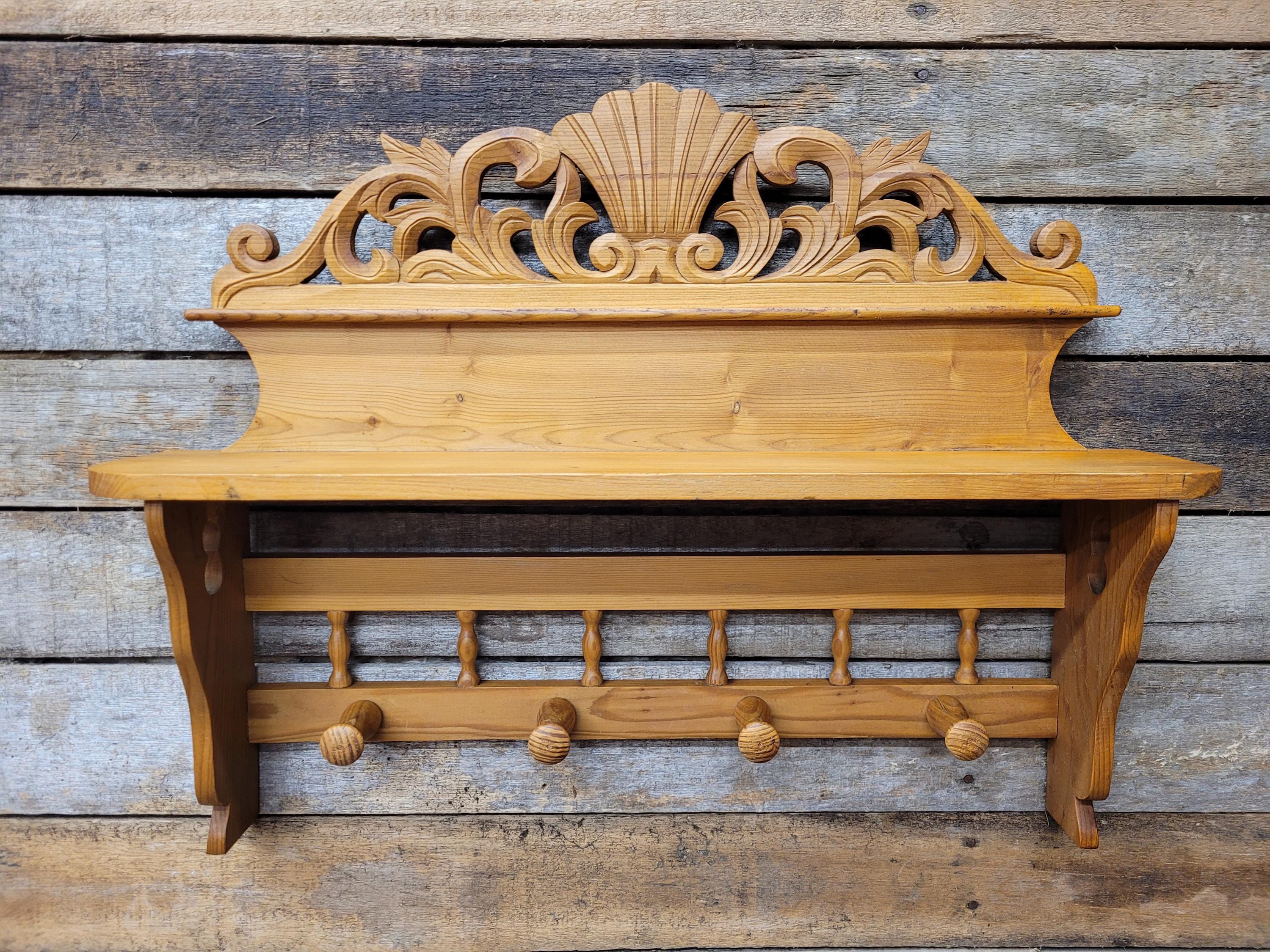 Pine Wall Shelf Carved Decorative Coat Rack With Four Peg Hooks