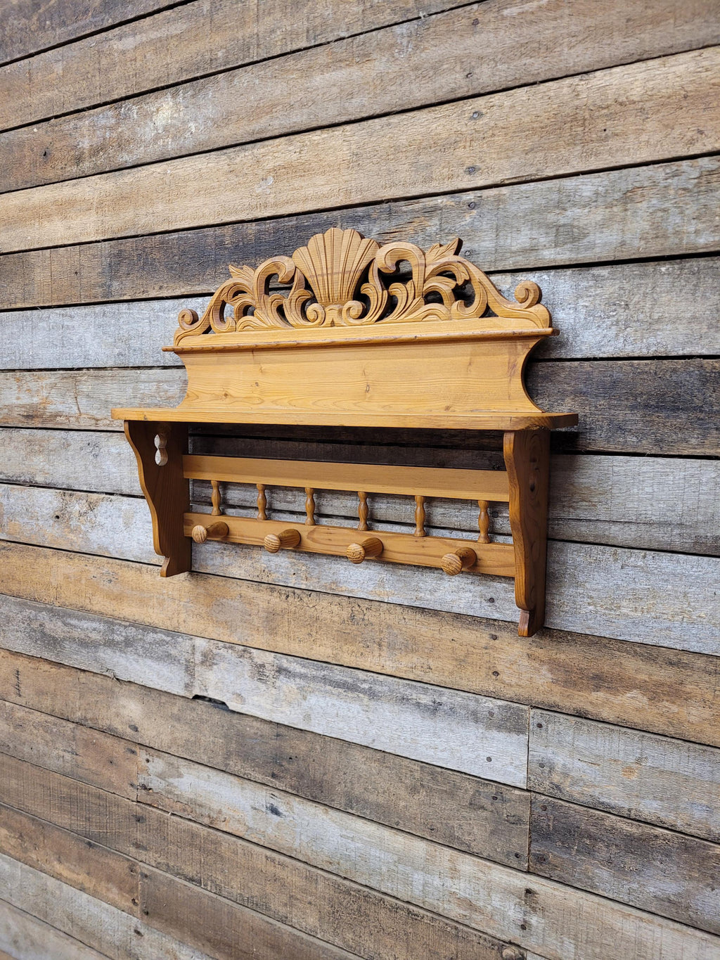 Pine Wall Shelf Carved Decorative Coat Rack With Four Peg Hooks