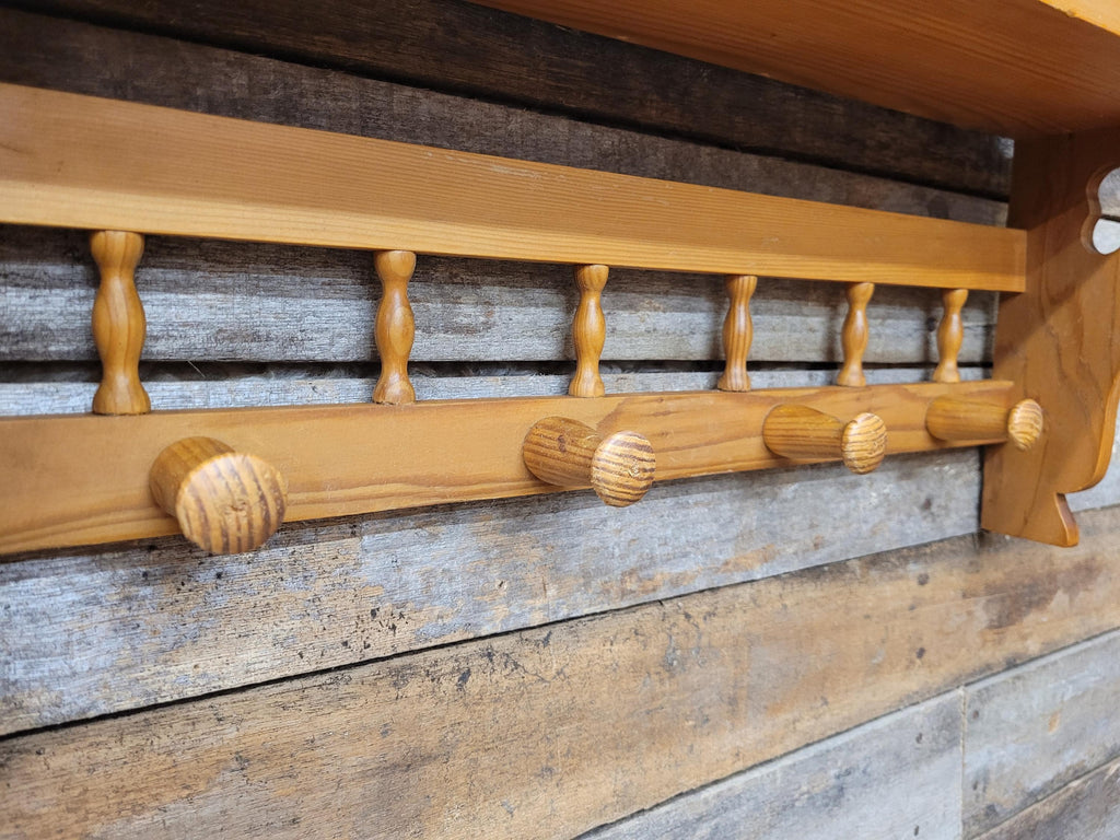 Pine Wall Shelf Carved Decorative Coat Rack With Four Peg Hooks