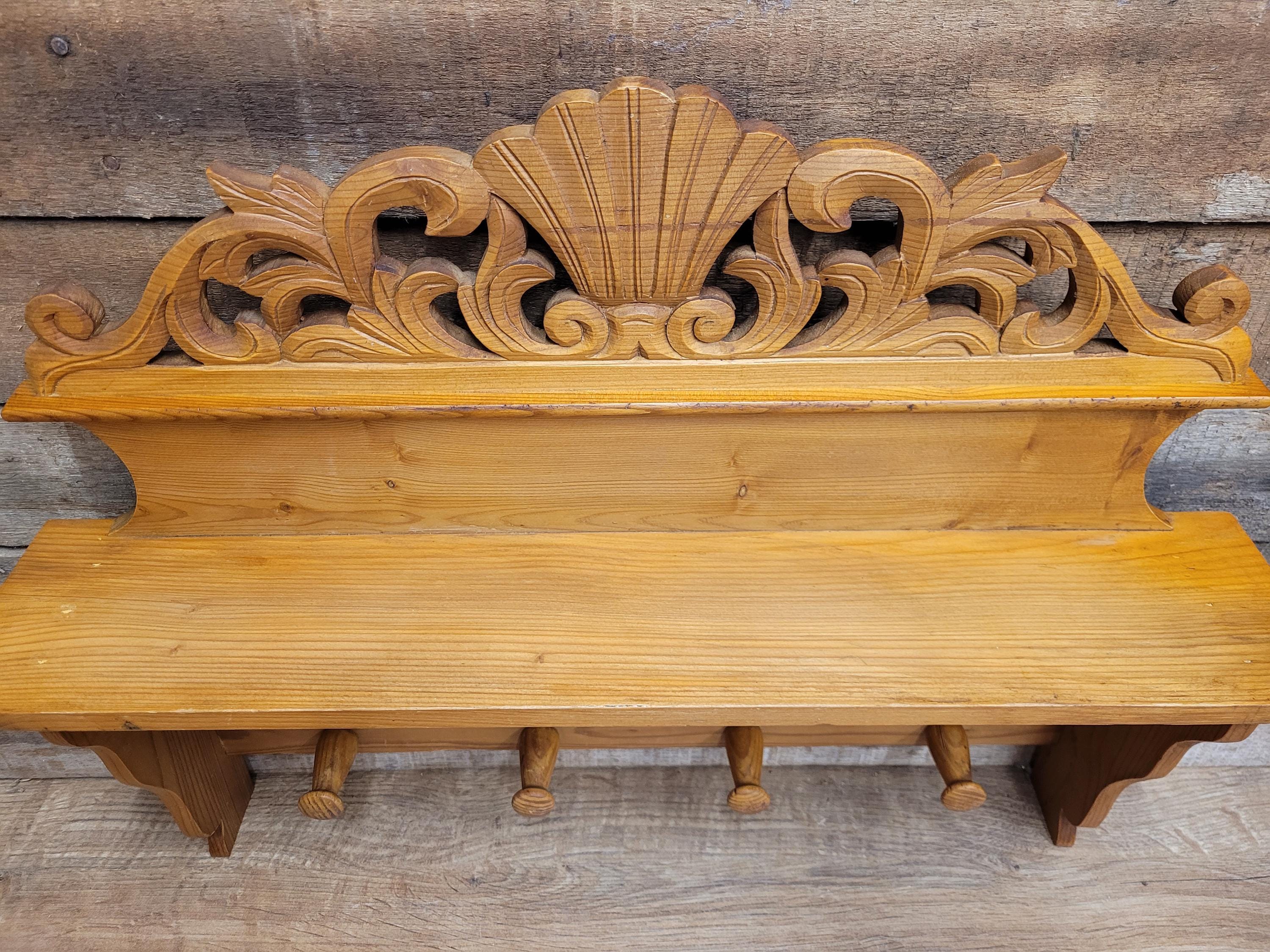 Pine Wall Shelf Carved Decorative Coat Rack With Four Peg Hooks