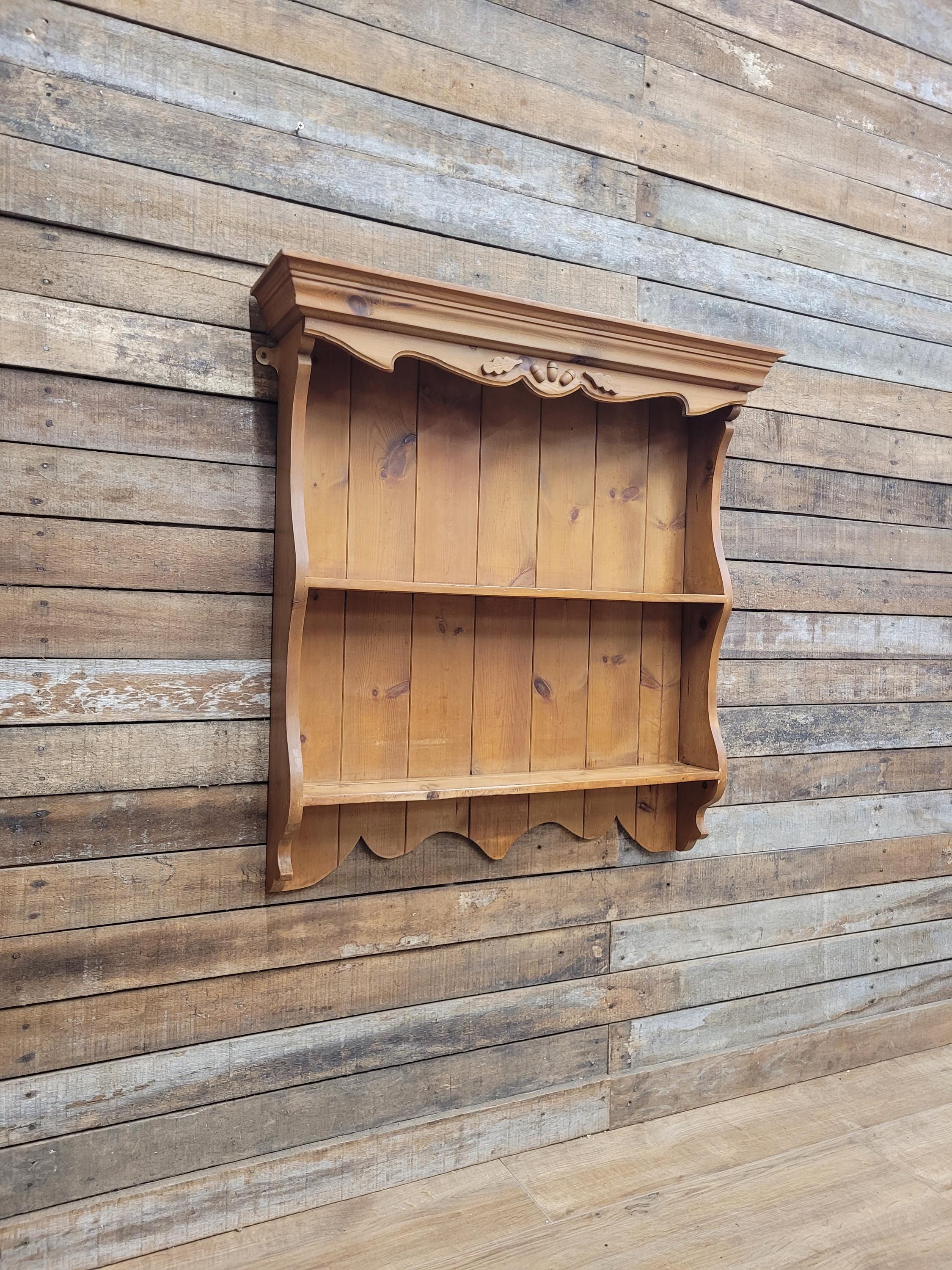 Pine Wall Shelf Country Style Carved Two Tier Display Plate Rack