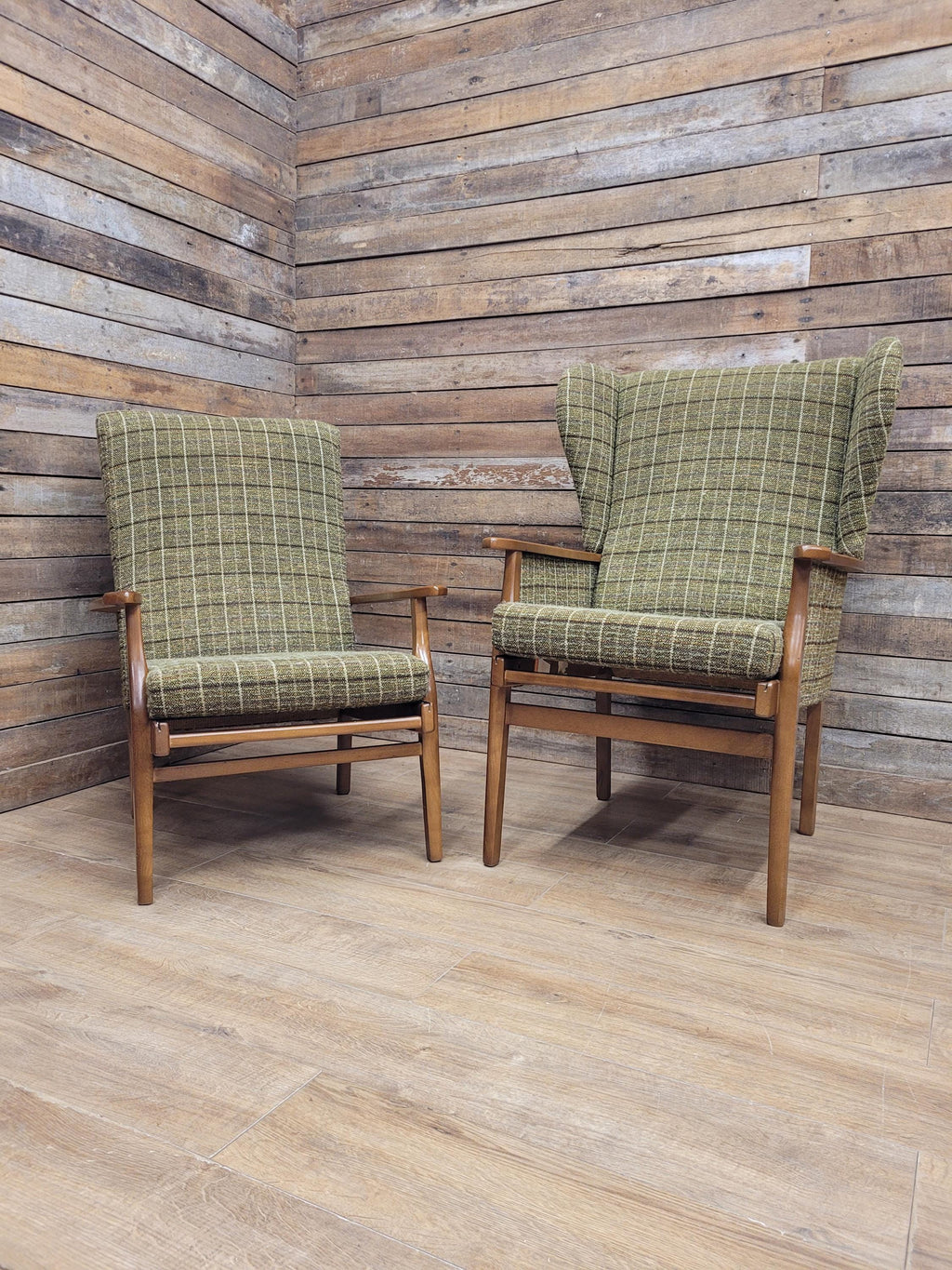 Mid Century His And Hers Armchairs Green Wool Wingback Lounge Chairs
