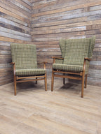 Mid Century His And Hers Armchairs Green Wool Wingback Lounge Chairs
