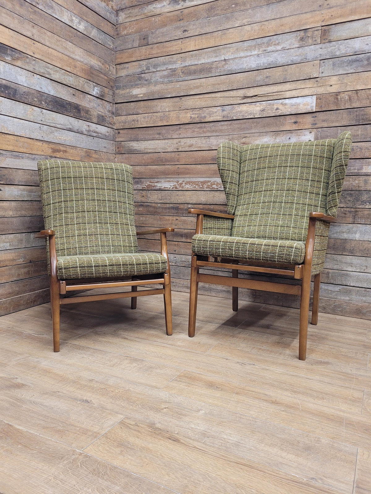 Mid Century His And Hers Armchairs Green Wool Wingback Lounge Chairs