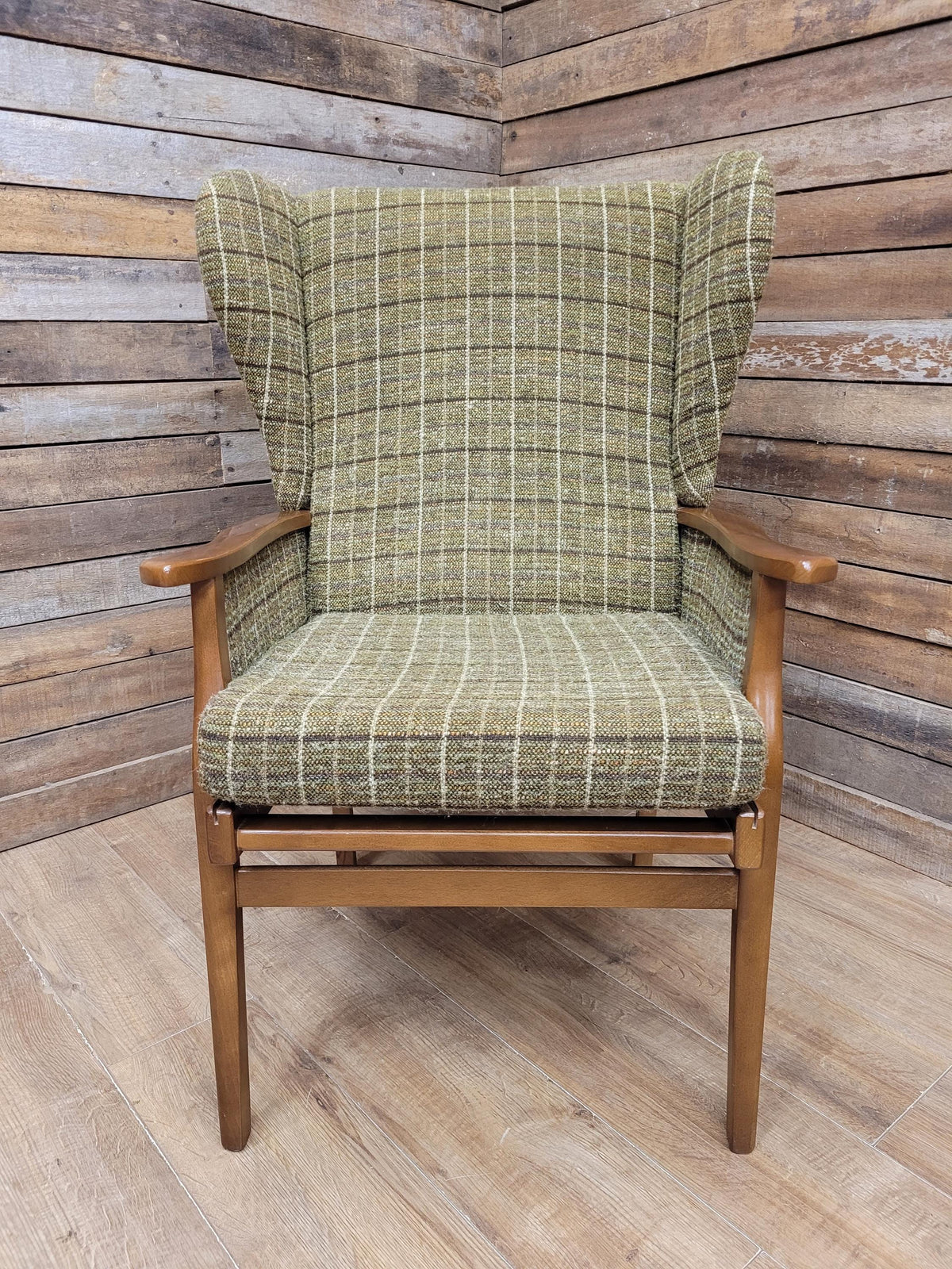 Mid Century His And Hers Armchairs Green Wool Wingback Lounge Chairs