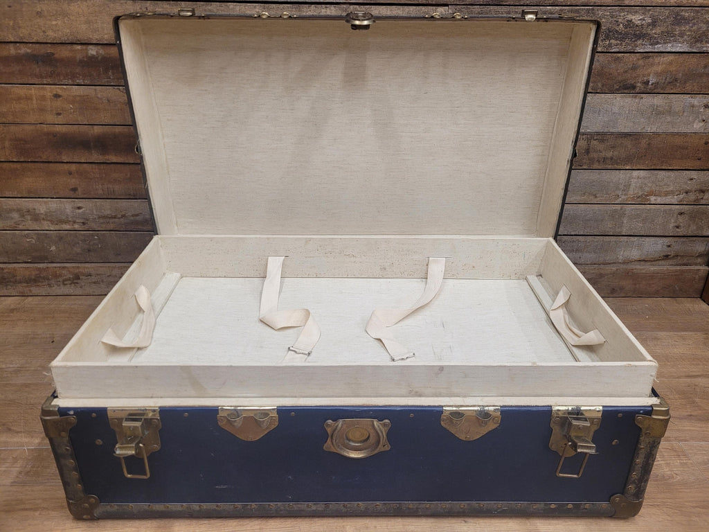 Vintage Navy Blue Steamer Trunk Brass Bound Travel Chest