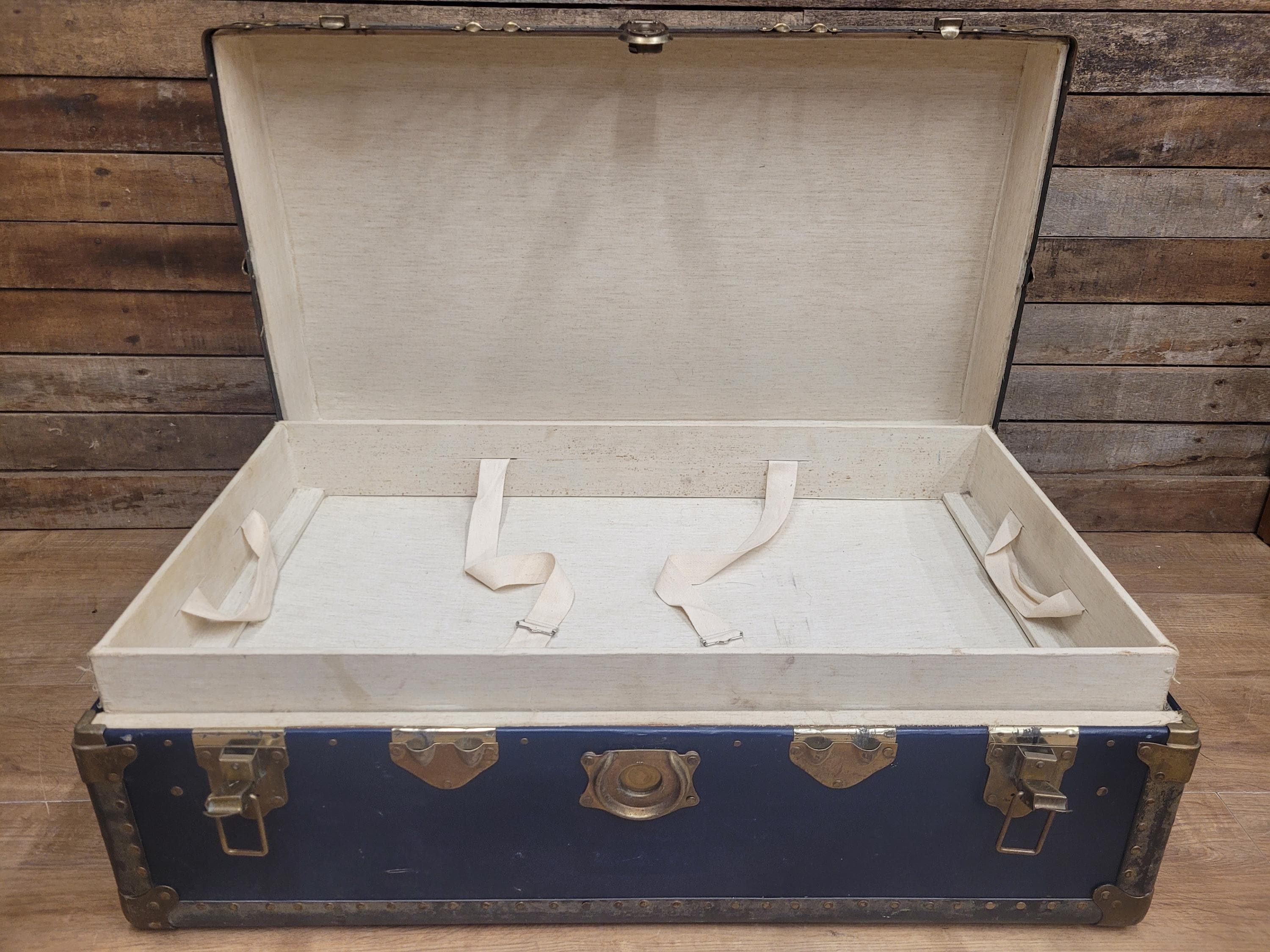 Vintage Navy Blue Steamer Trunk Brass Bound Travel Chest