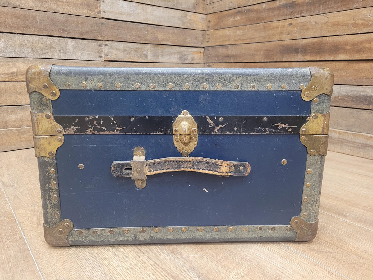 Vintage Navy Blue Steamer Trunk Brass Bound Travel Chest