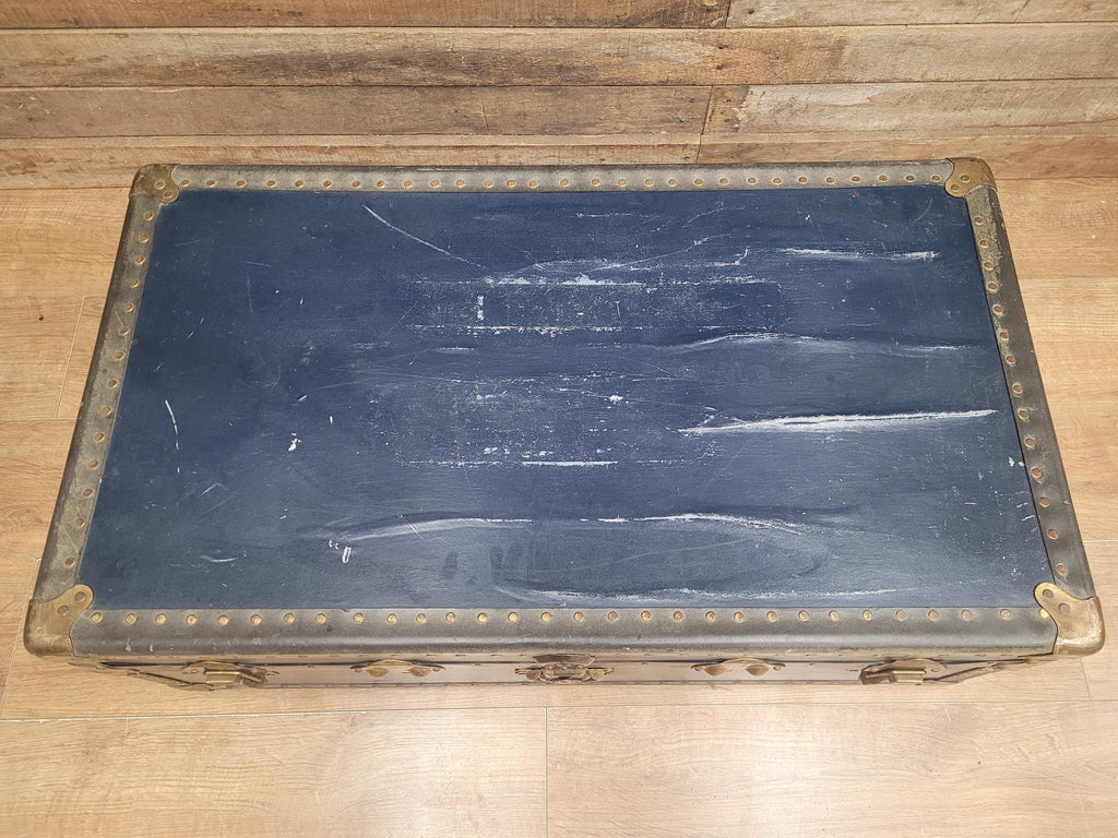 Vintage Navy Blue Steamer Trunk Brass Bound Travel Chest
