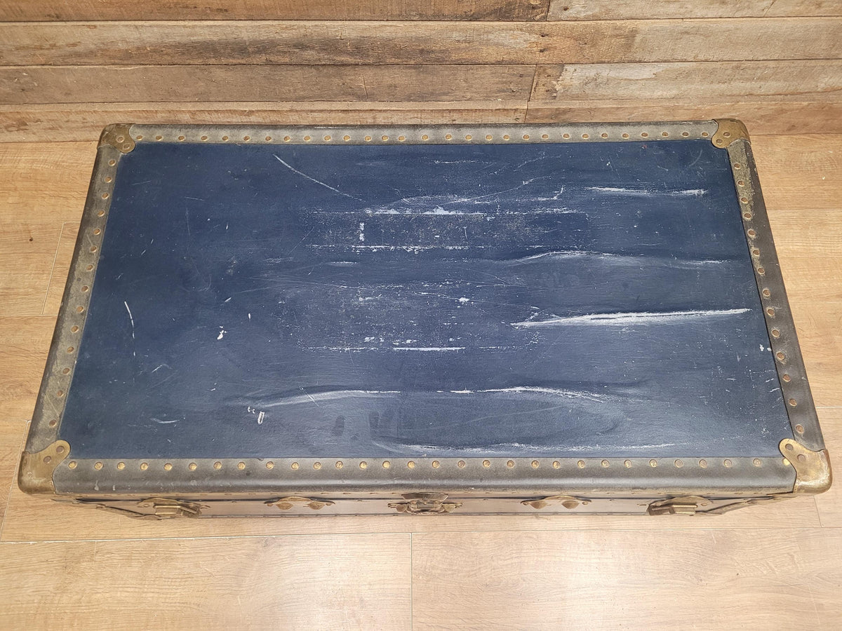 Vintage Navy Blue Steamer Trunk Brass Bound Travel Chest