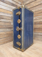 Vintage Navy Blue Steamer Trunk Brass Bound Travel Chest