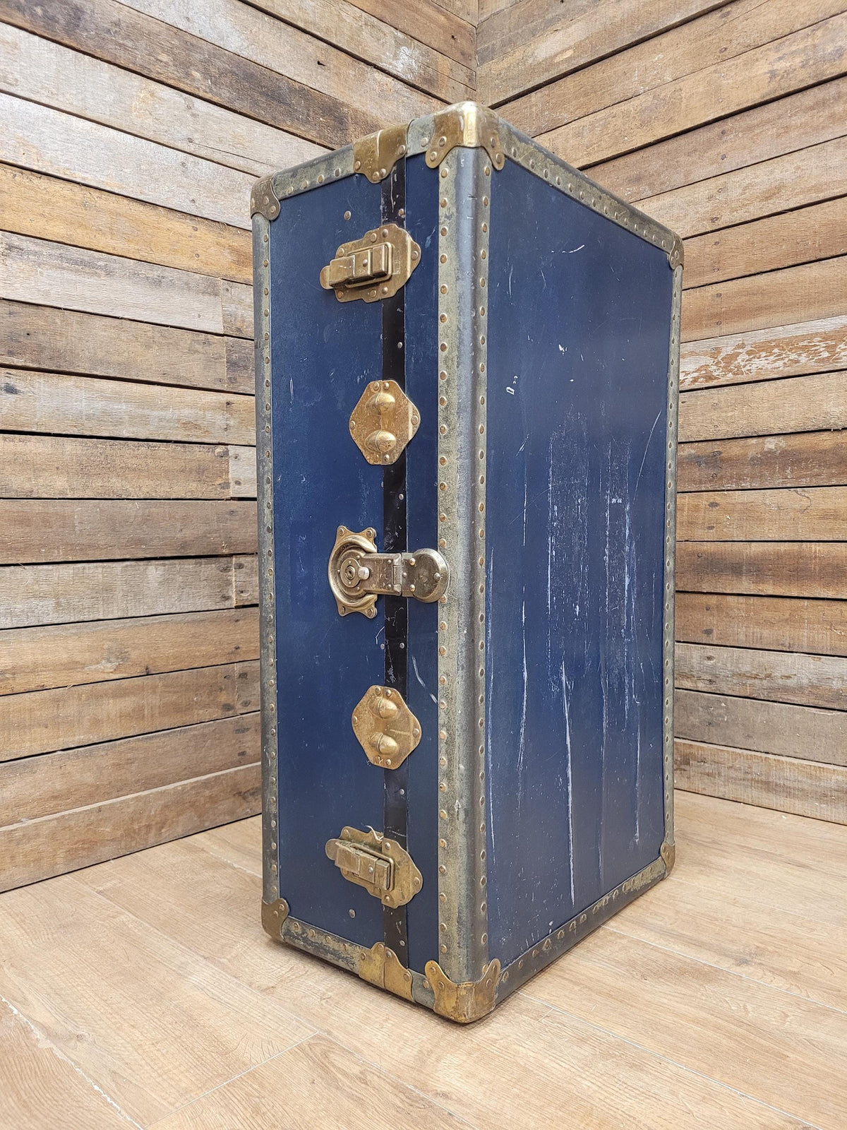 Vintage Navy Blue Steamer Trunk Brass Bound Travel Chest