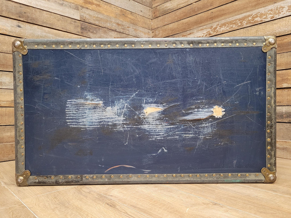 Vintage Navy Blue Steamer Trunk Brass Bound Travel Chest