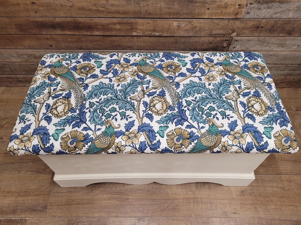Morris Bird Fabric Pine Storage Bench Painted Blanket Box
