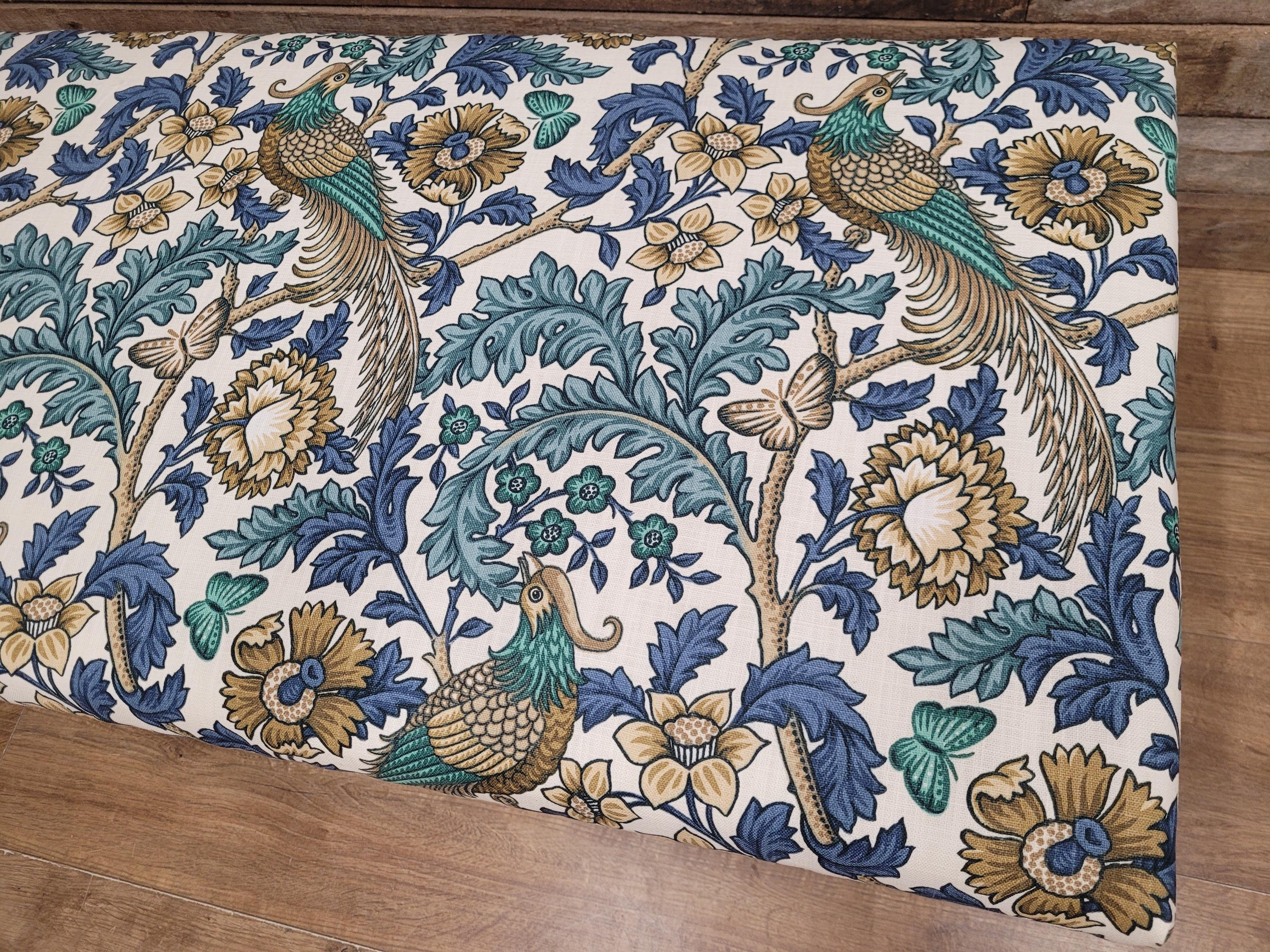 Morris Bird Fabric Pine Storage Bench Painted Blanket Box