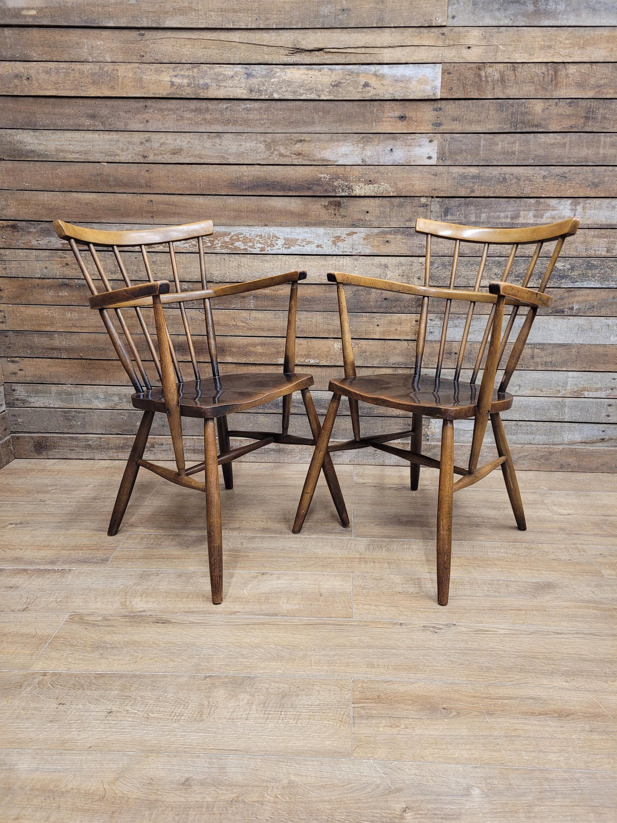 Pair Windsor Elm Beech Spindle Back Horseshoe Country Armchairs