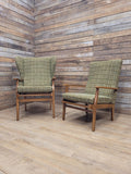 Mid Century His And Hers Armchairs Green Wool Wingback Lounge Chairs