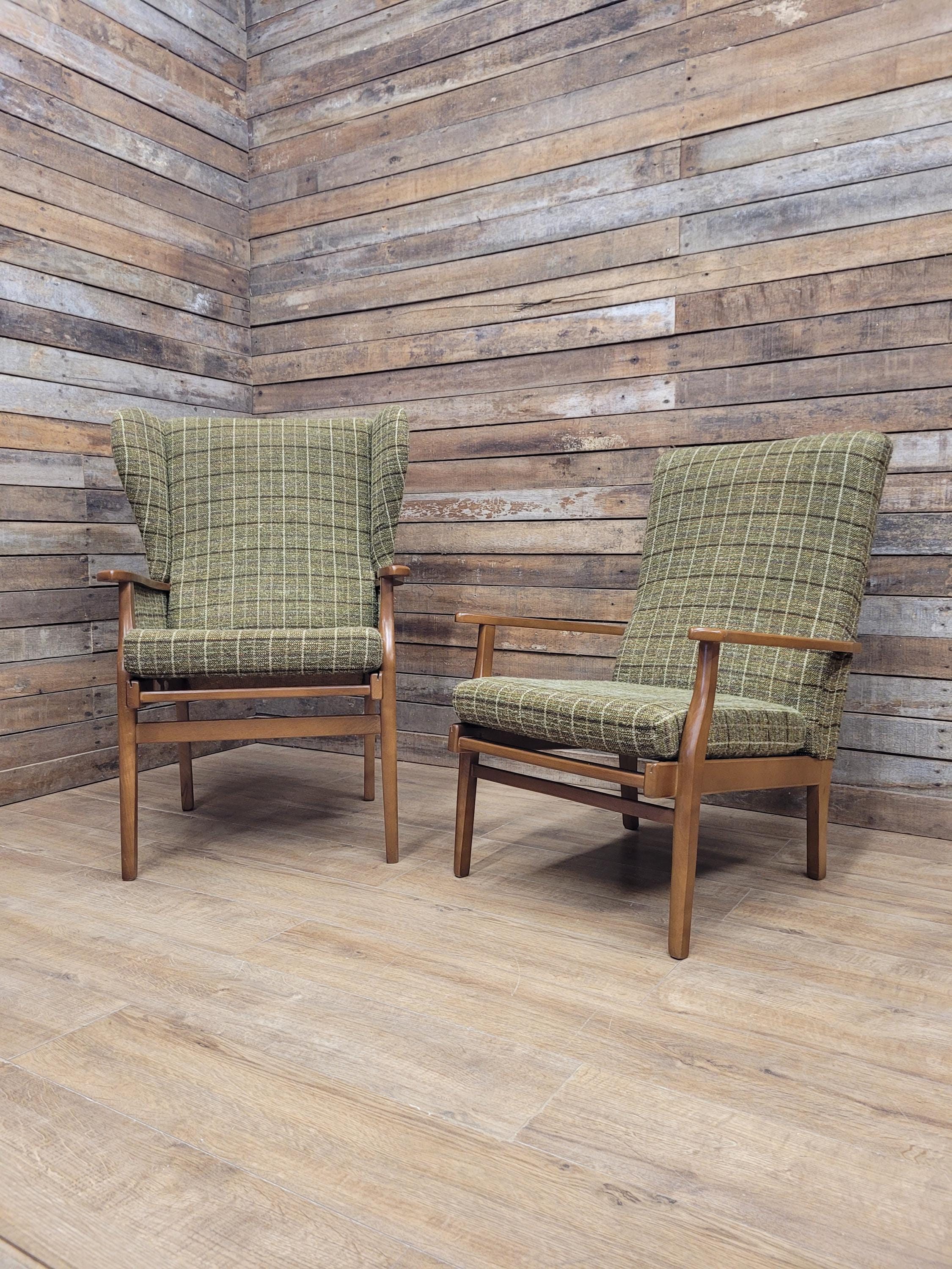 Mid Century His And Hers Armchairs Green Wool Wingback Lounge Chairs
