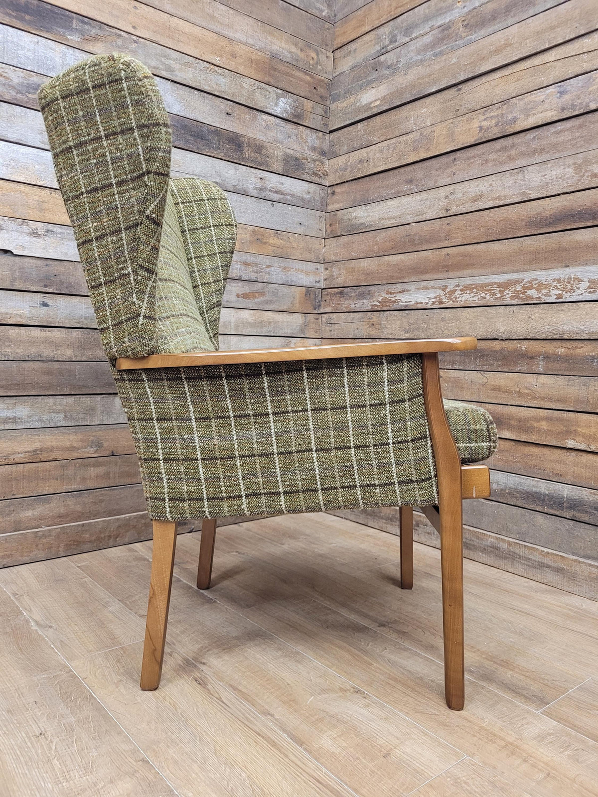 Mid Century His And Hers Armchairs Green Wool Wingback Lounge Chairs