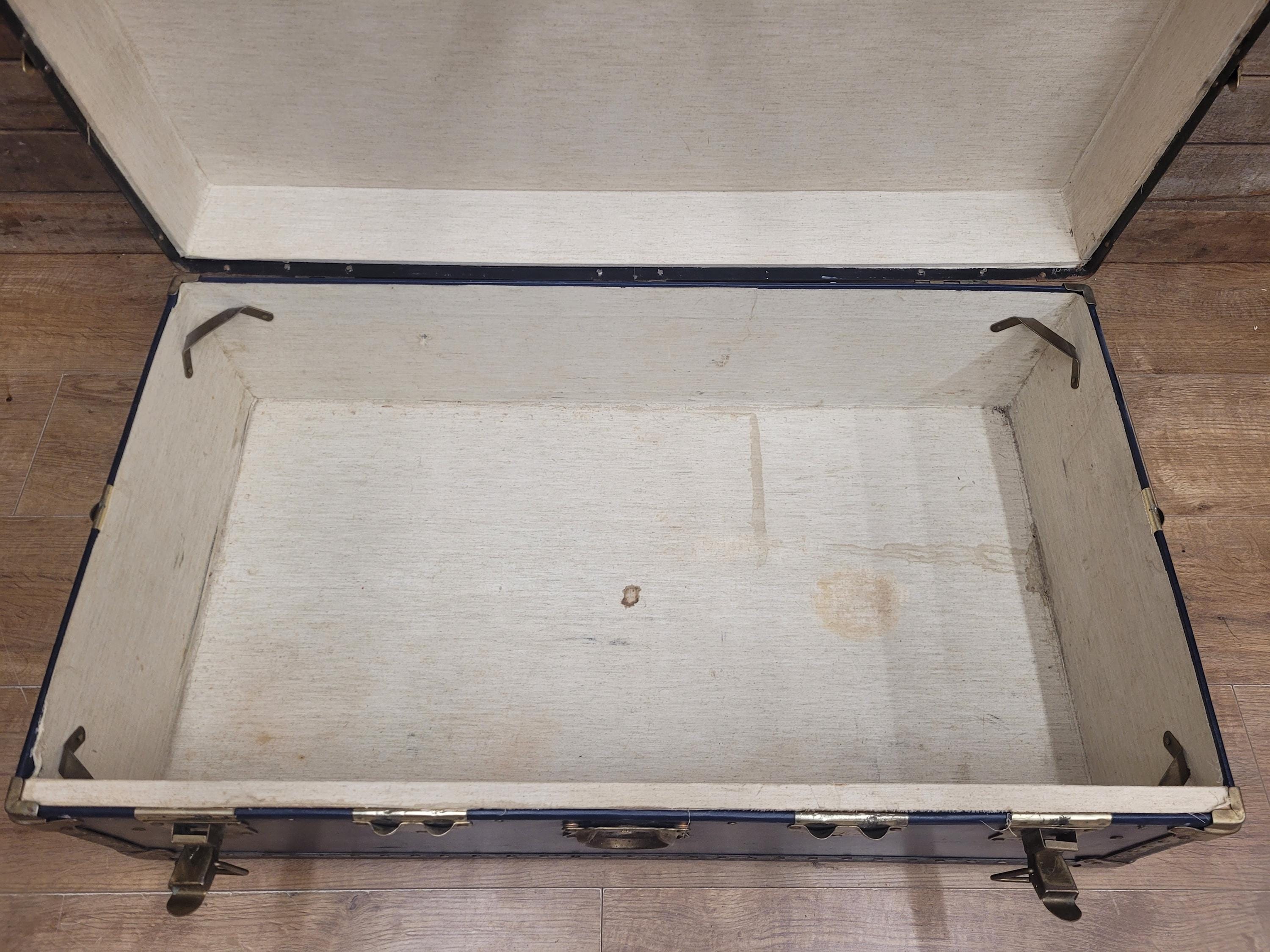 Vintage Navy Blue Steamer Trunk Brass Bound Travel Chest