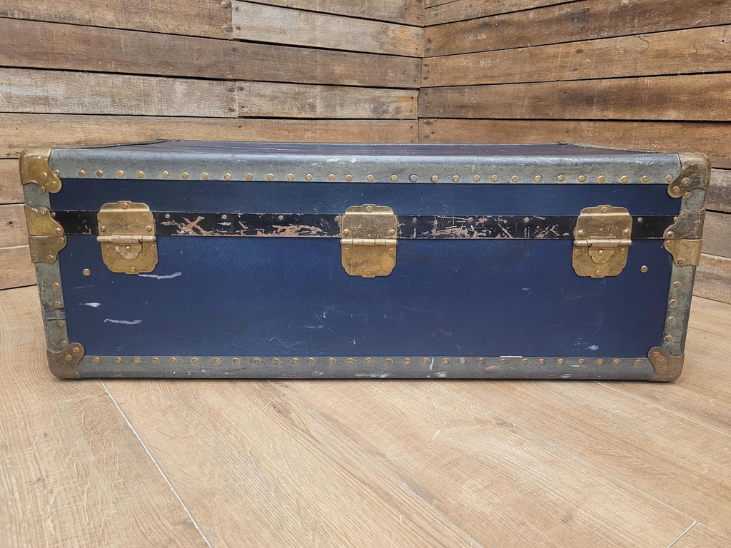 Vintage Navy Blue Steamer Trunk Brass Bound Travel Chest