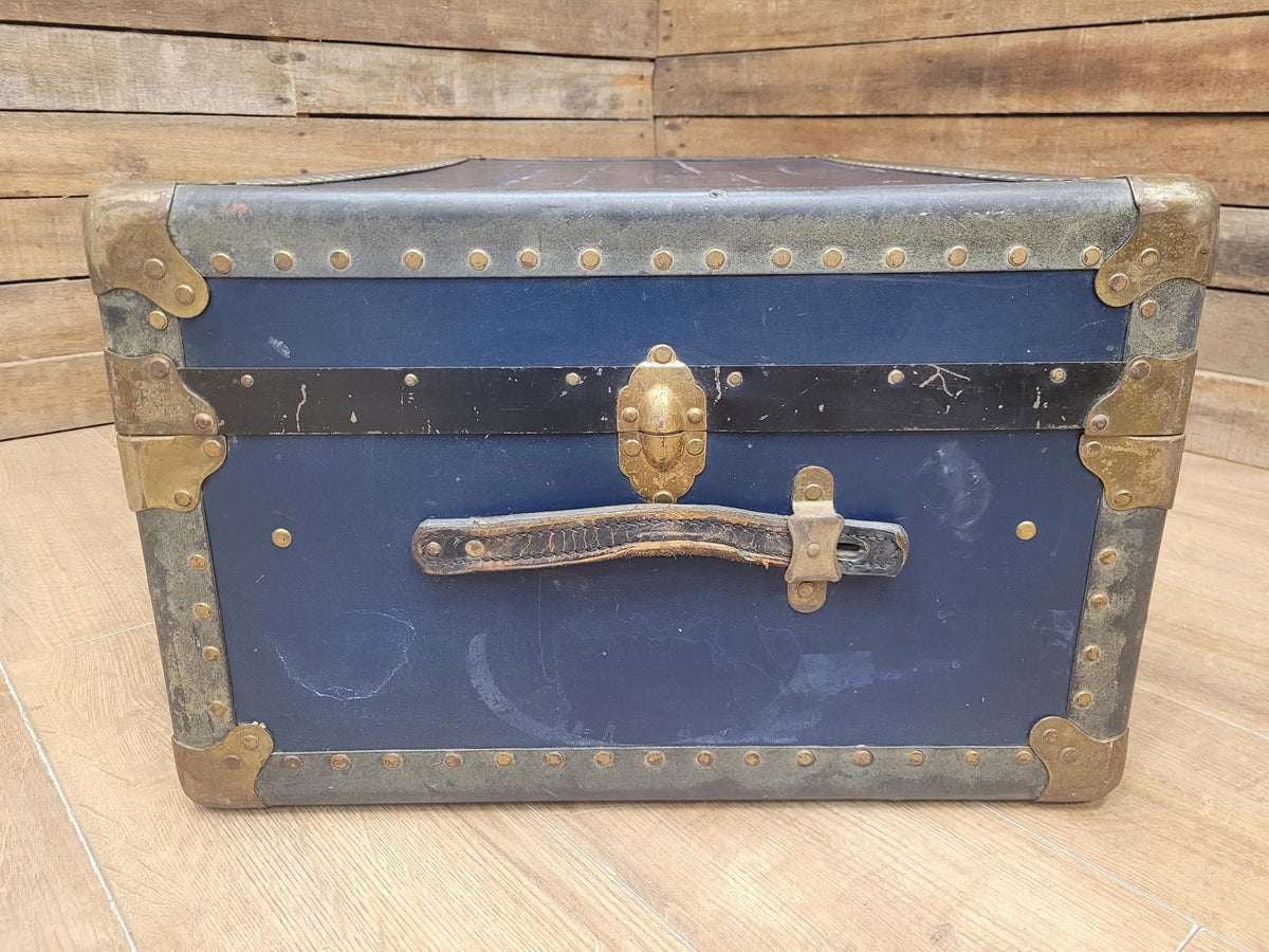 Vintage Navy Blue Steamer Trunk Brass Bound Travel Chest