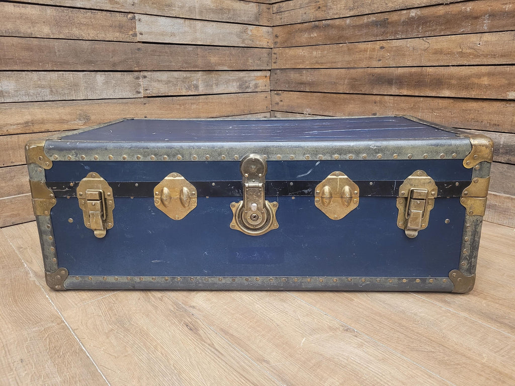 Vintage Navy Blue Steamer Trunk Brass Bound Travel Chest
