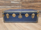 Vintage Navy Blue Steamer Trunk Brass Bound Travel Chest