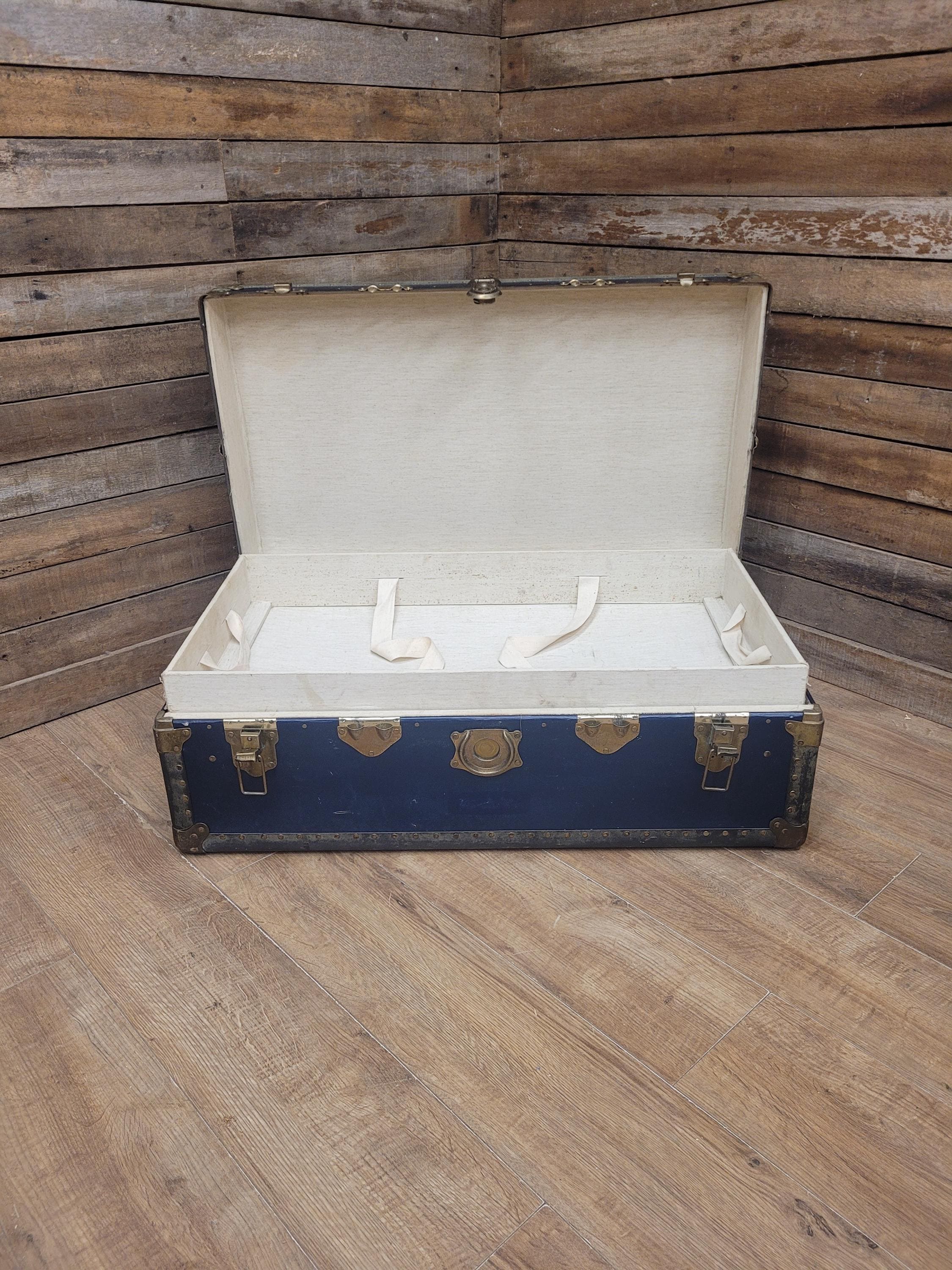 Vintage Navy Blue Steamer Trunk Brass Bound Travel Chest