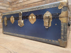 Vintage Navy Blue Steamer Trunk Brass Bound Travel Chest