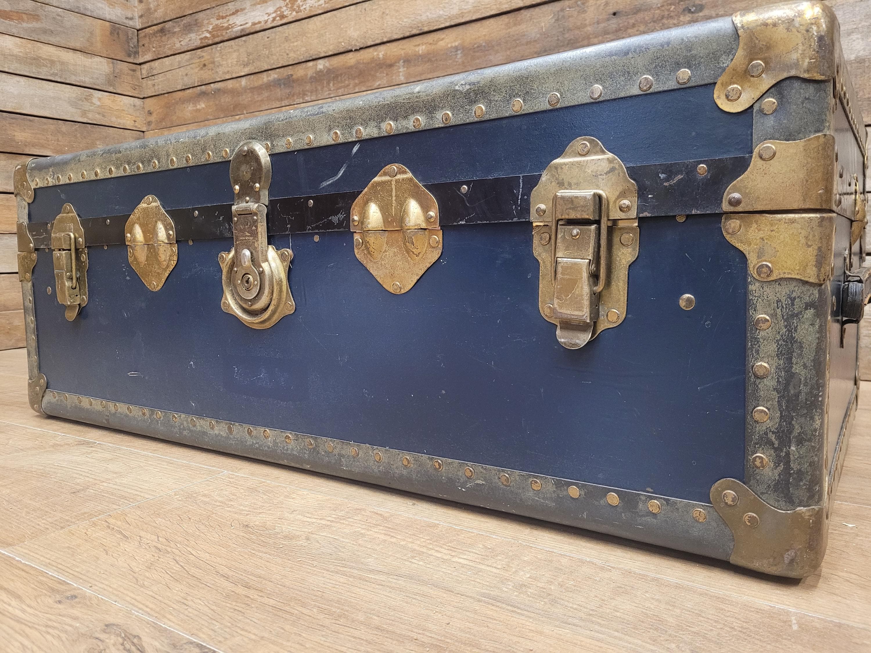 Vintage Navy Blue Steamer Trunk Brass Bound Travel Chest