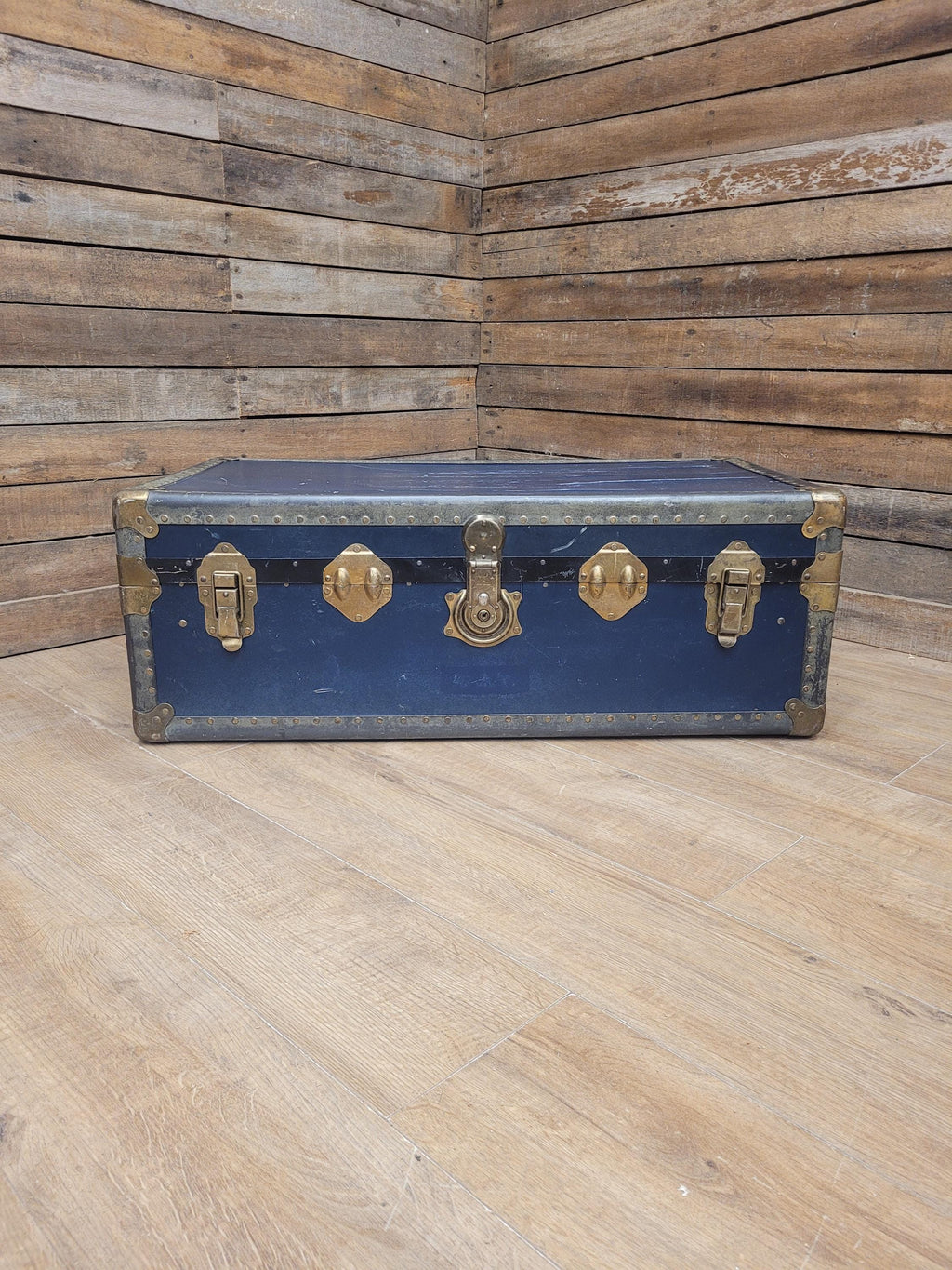 Vintage Navy Blue Steamer Trunk Brass Bound Travel Chest
