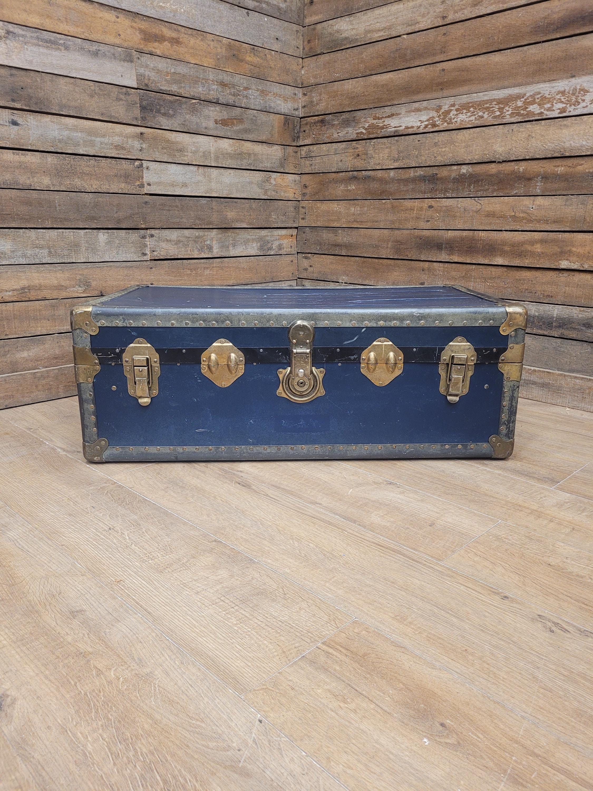 Vintage Navy Blue Steamer Trunk Brass Bound Travel Chest
