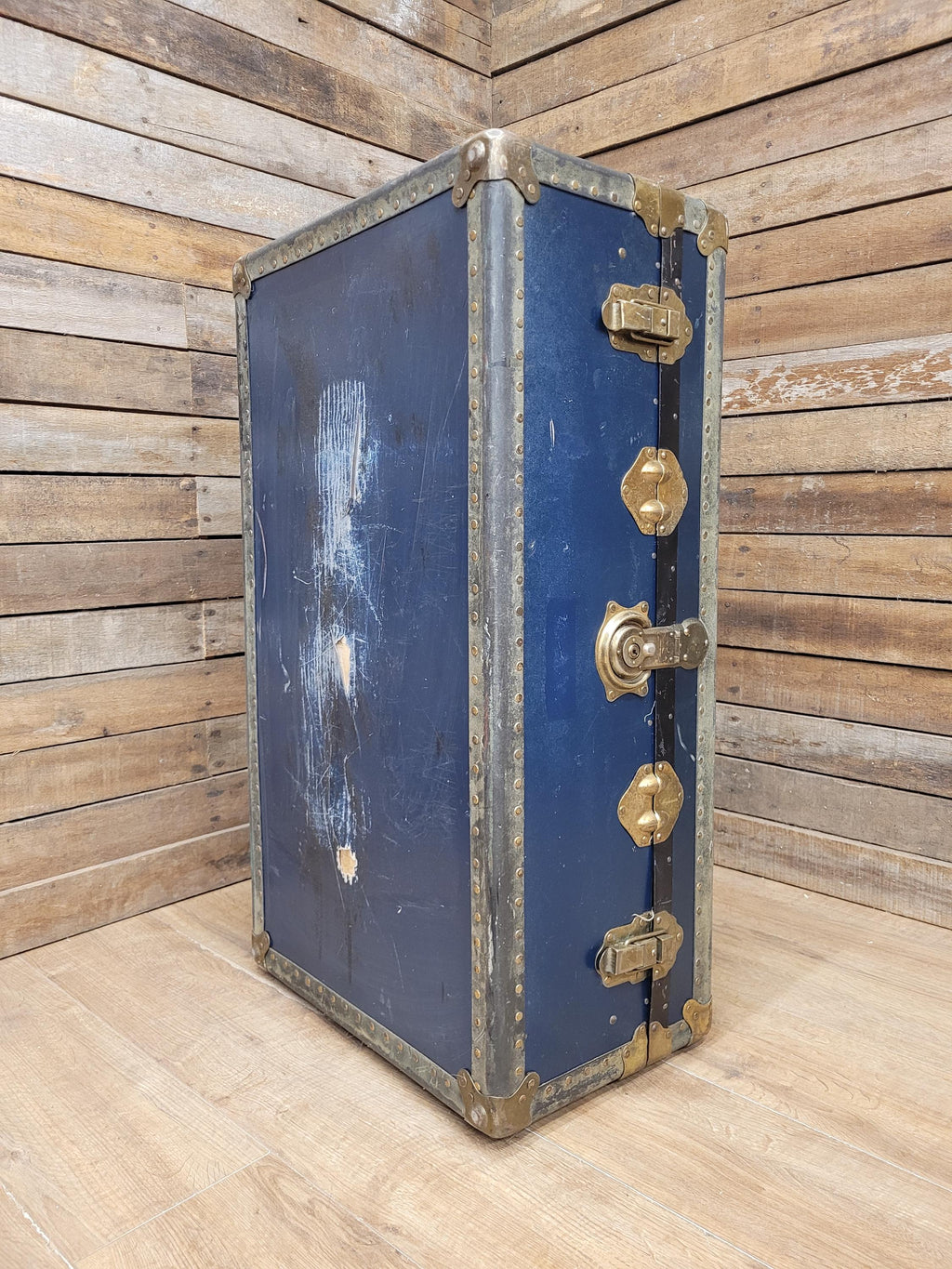 Vintage Navy Blue Steamer Trunk Brass Bound Travel Chest