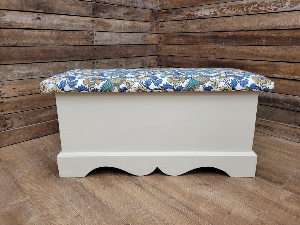 Morris Bird Fabric Pine Storage Bench Painted Blanket Box