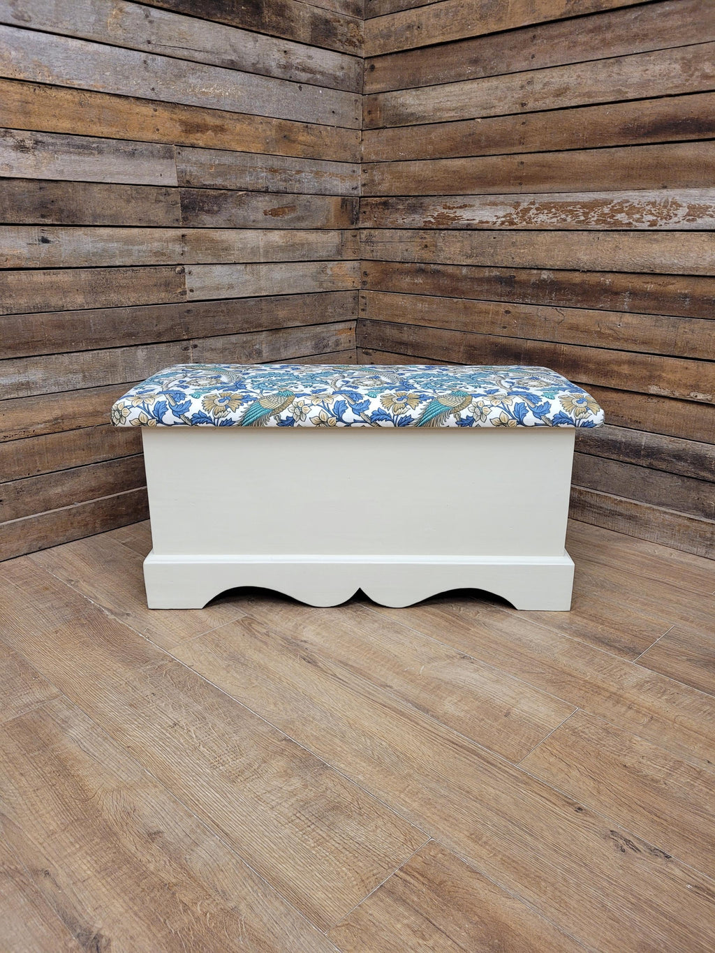 Morris Bird Fabric Pine Storage Bench Painted Blanket Box