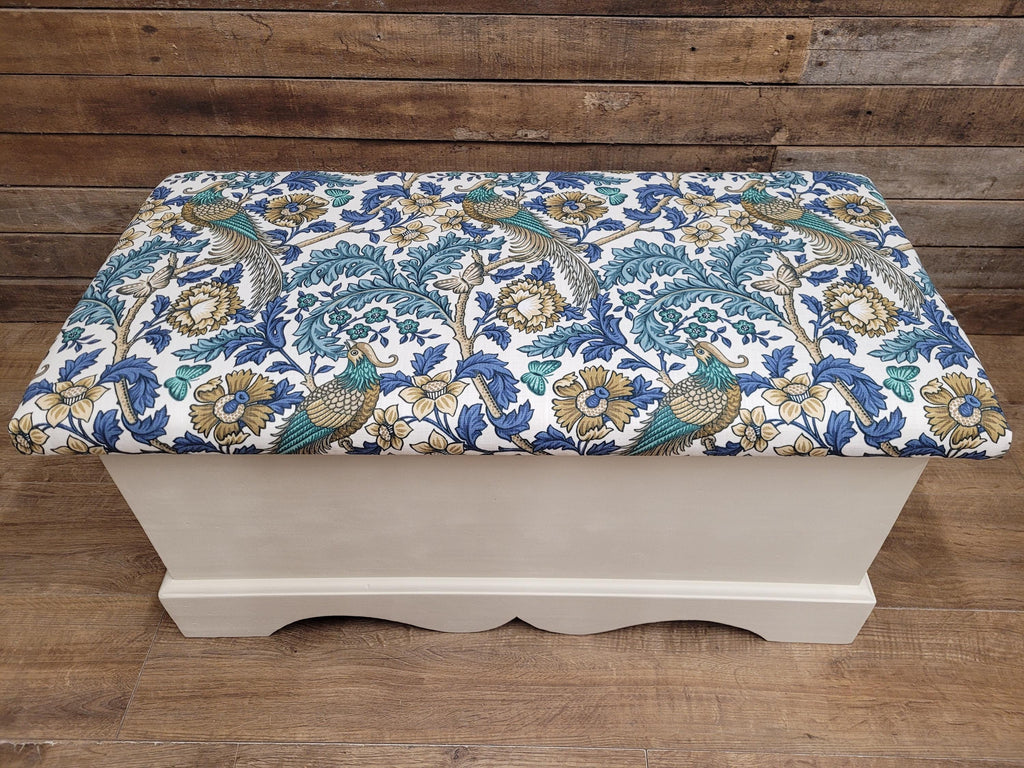 Morris Bird Fabric Pine Storage Bench Painted Blanket Box