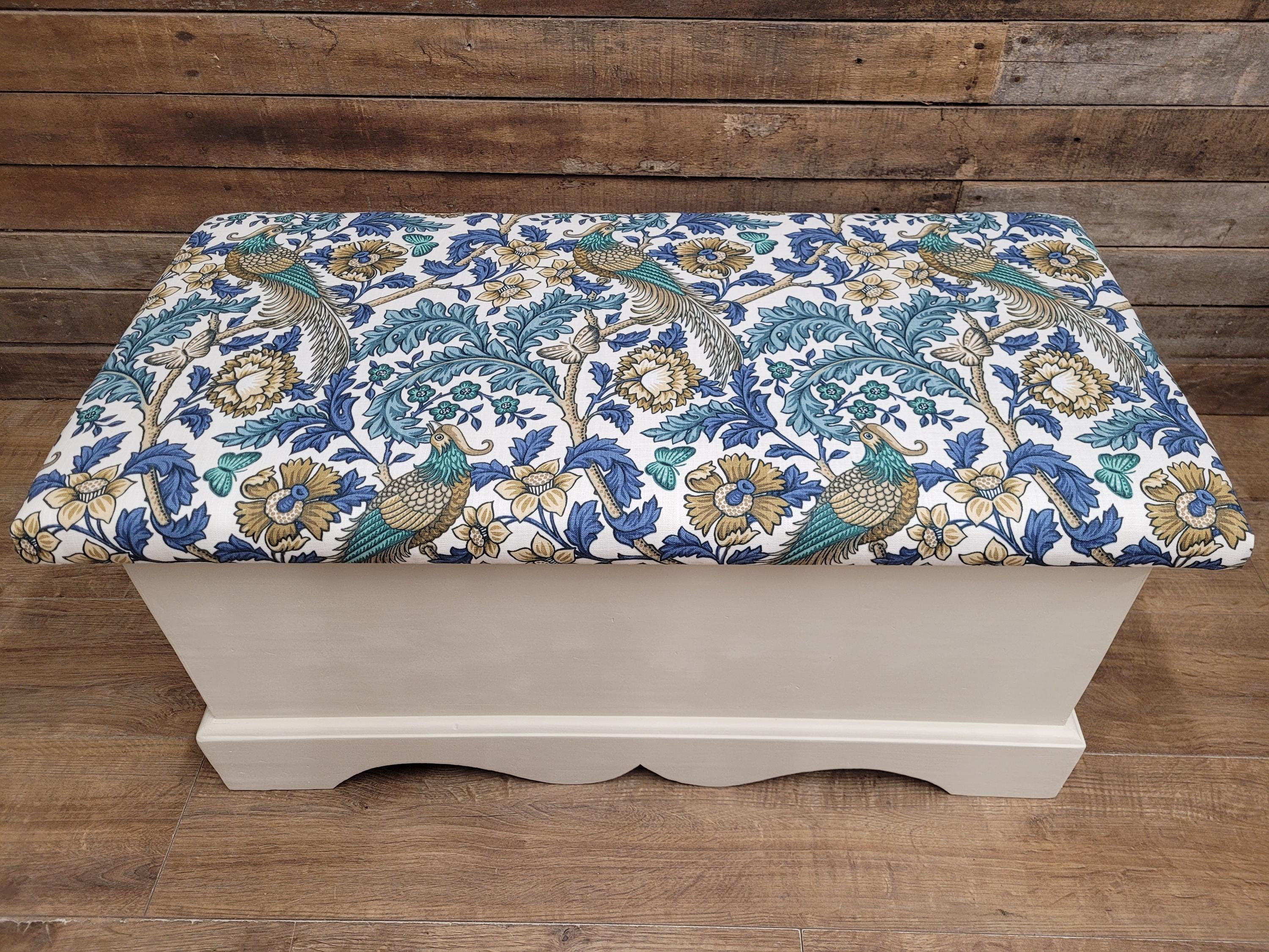 Morris Bird Fabric Pine Storage Bench Painted Blanket Box