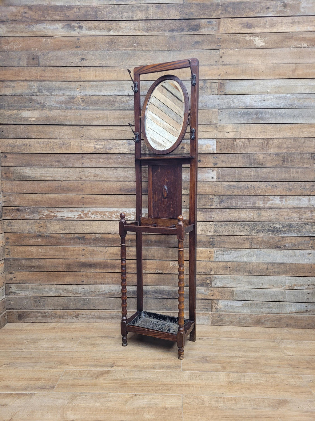 Edwardian Oak Hall Stand Arts & Craft Bevelled Mirror Original Drip Tray Antique
