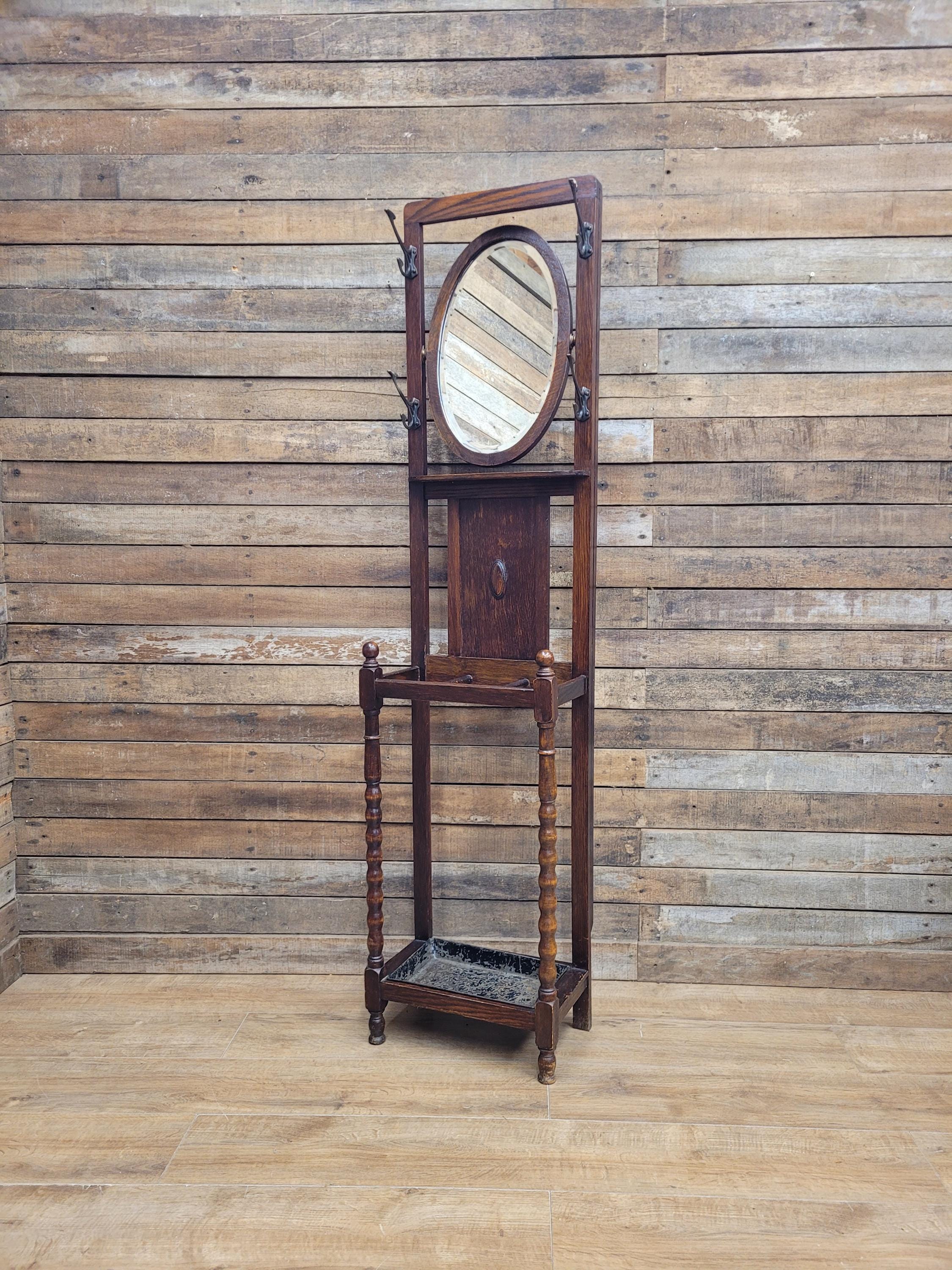 Edwardian Oak Hall Stand Arts & Craft Bevelled Mirror Original Drip Tray Antique