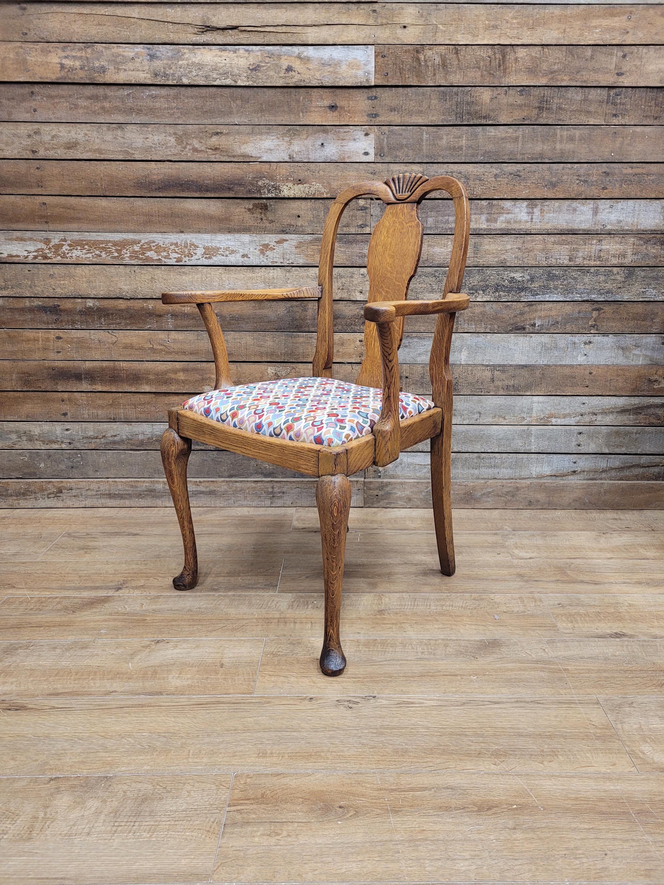 Edwardian Oak Queen Anne Style Carver Armchair Shell Carved Back