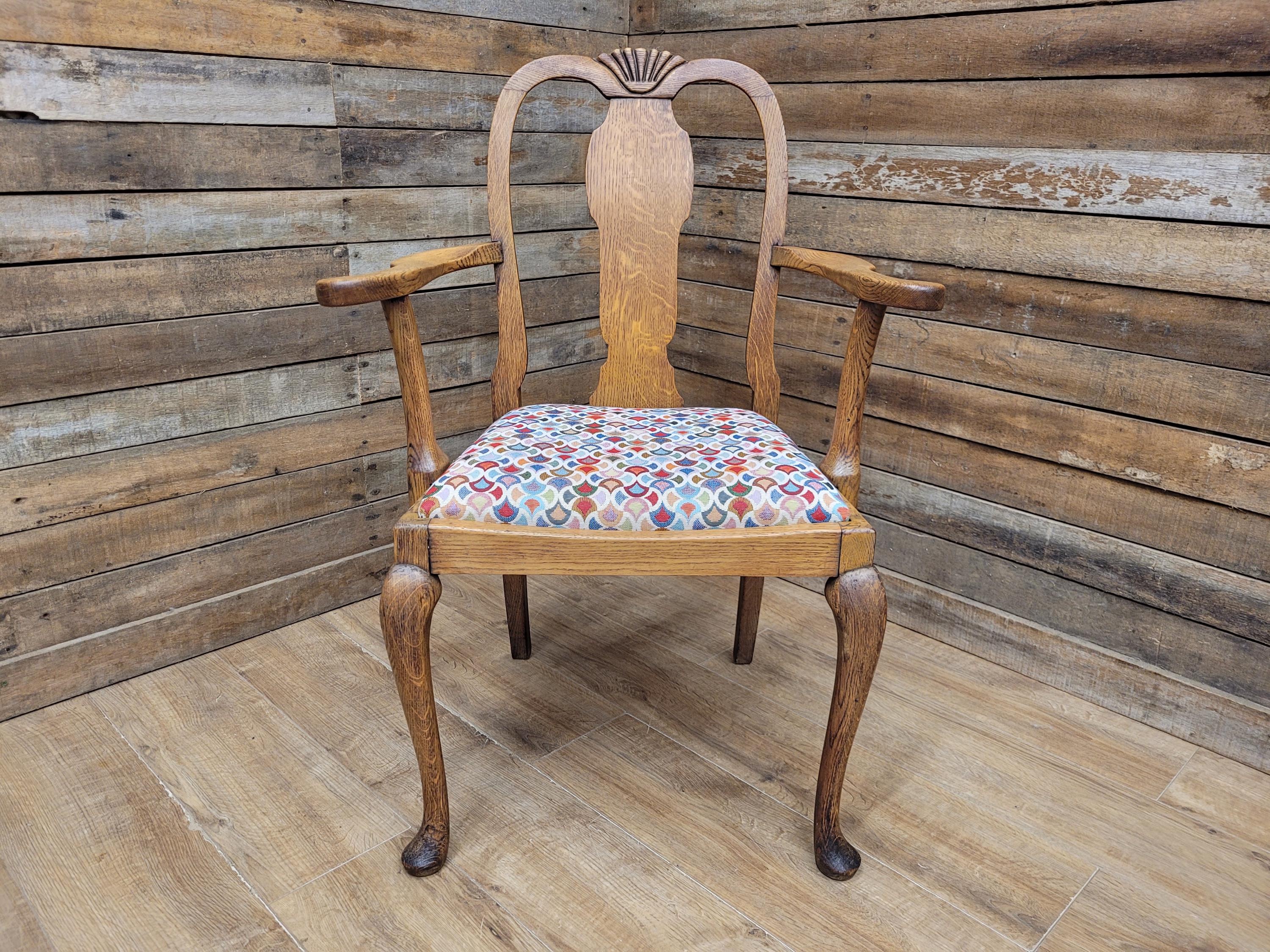 Edwardian Oak Queen Anne Style Carver Armchair Shell Carved Back